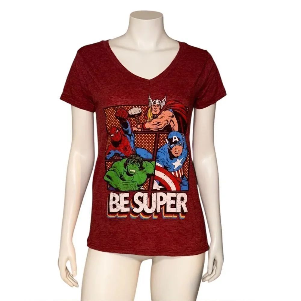 Disney Store Women's Red Marvel Be Super T-Shirt Super Heroes V-Neck Large EUC